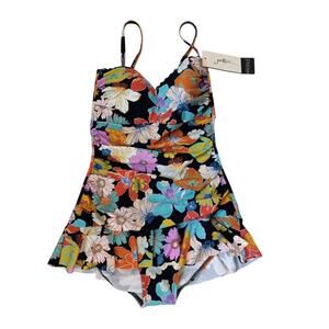 NWT Gottex‎ Rising Sun black colorful floral one piece swimsuit dress SIZE 10
